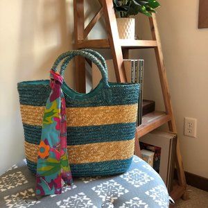 Ralph Lauren blue and tan striped beach bag tote
